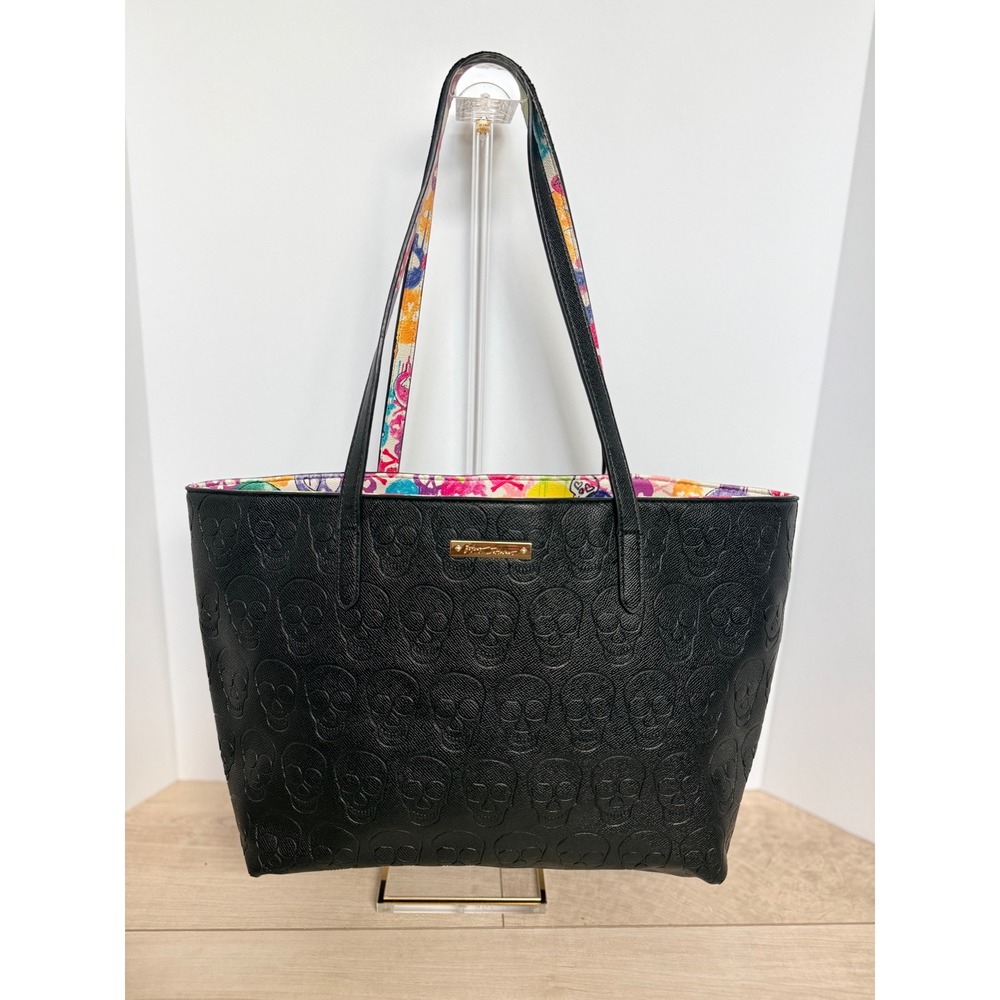 Betsey Johnson Skull Embossed Tote Bag Graffiti Lining Faux Leather Black